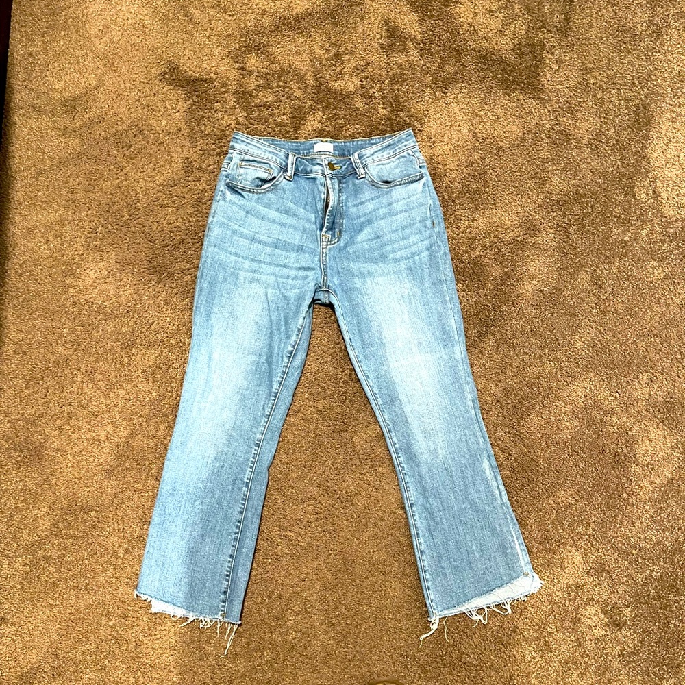 J.O.A. Brannin Light Wash Asymmetrical Hem Denim Capris